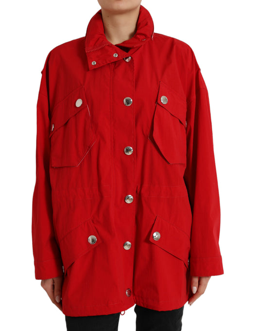 Dolce &amp; Gabbana Red Polyester Hooded Button Rain Coat Jacket