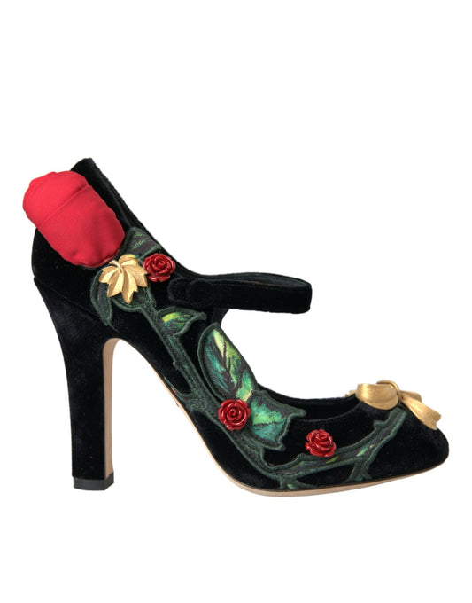 Dolce & Gabbana Black Roses Crystal Brooch Mary Jane Shoes
