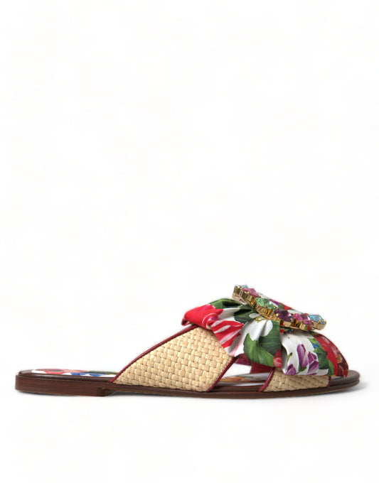 Dolce &amp; Gabbana Multicolor Floral Flats Crystal Sandals Shoes
