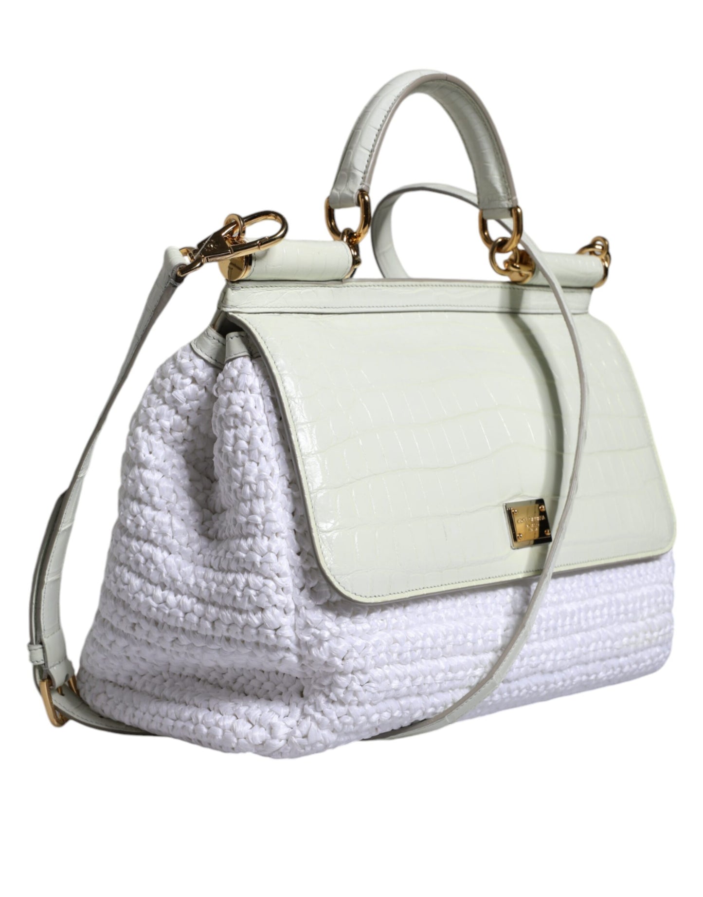 Dolce & Gabbana White Rafia Leather Top Handle Crossbody Bag