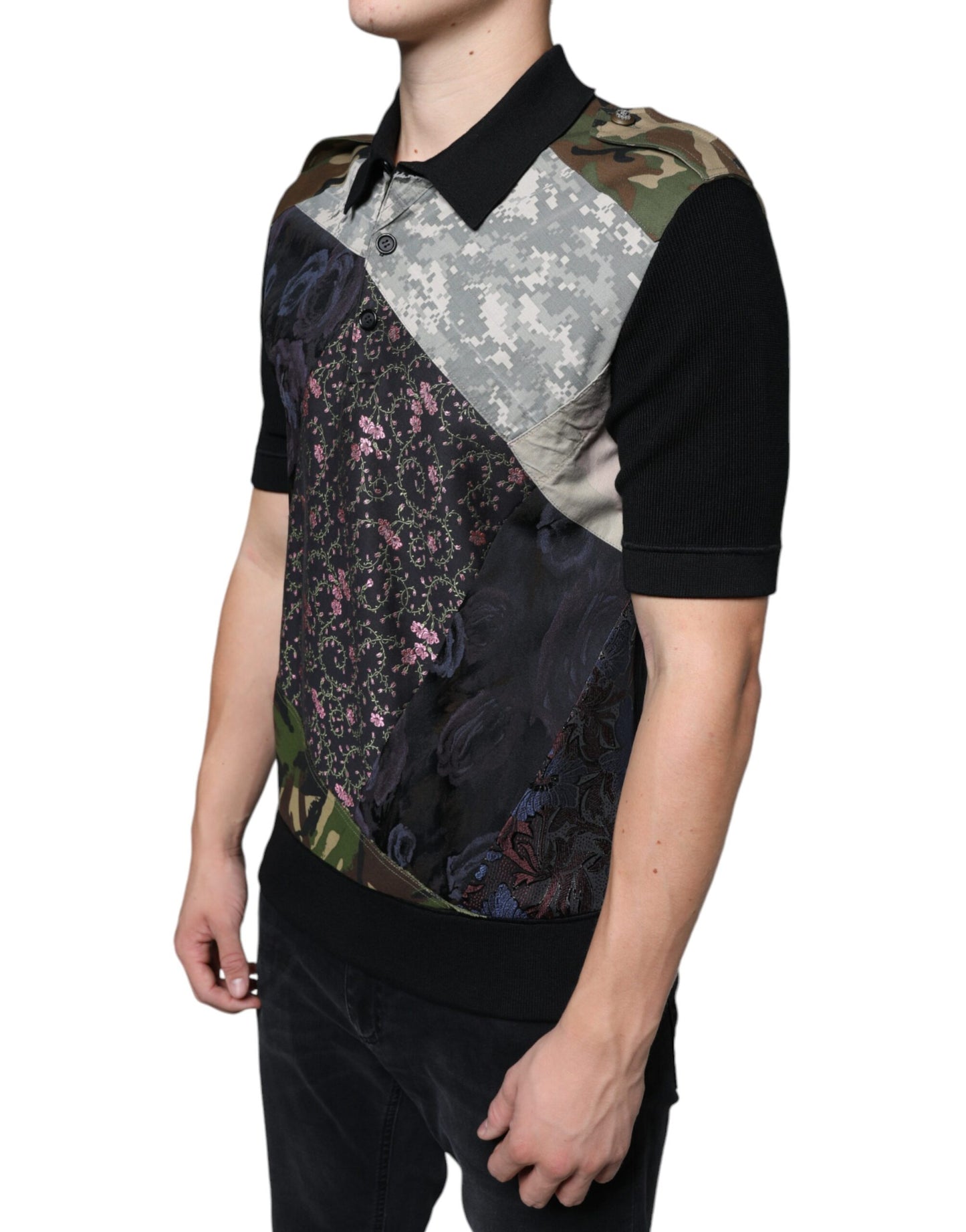 Dolce & Gabbana Multicolor Camouflage Patchwork Silk Polo T-shirt