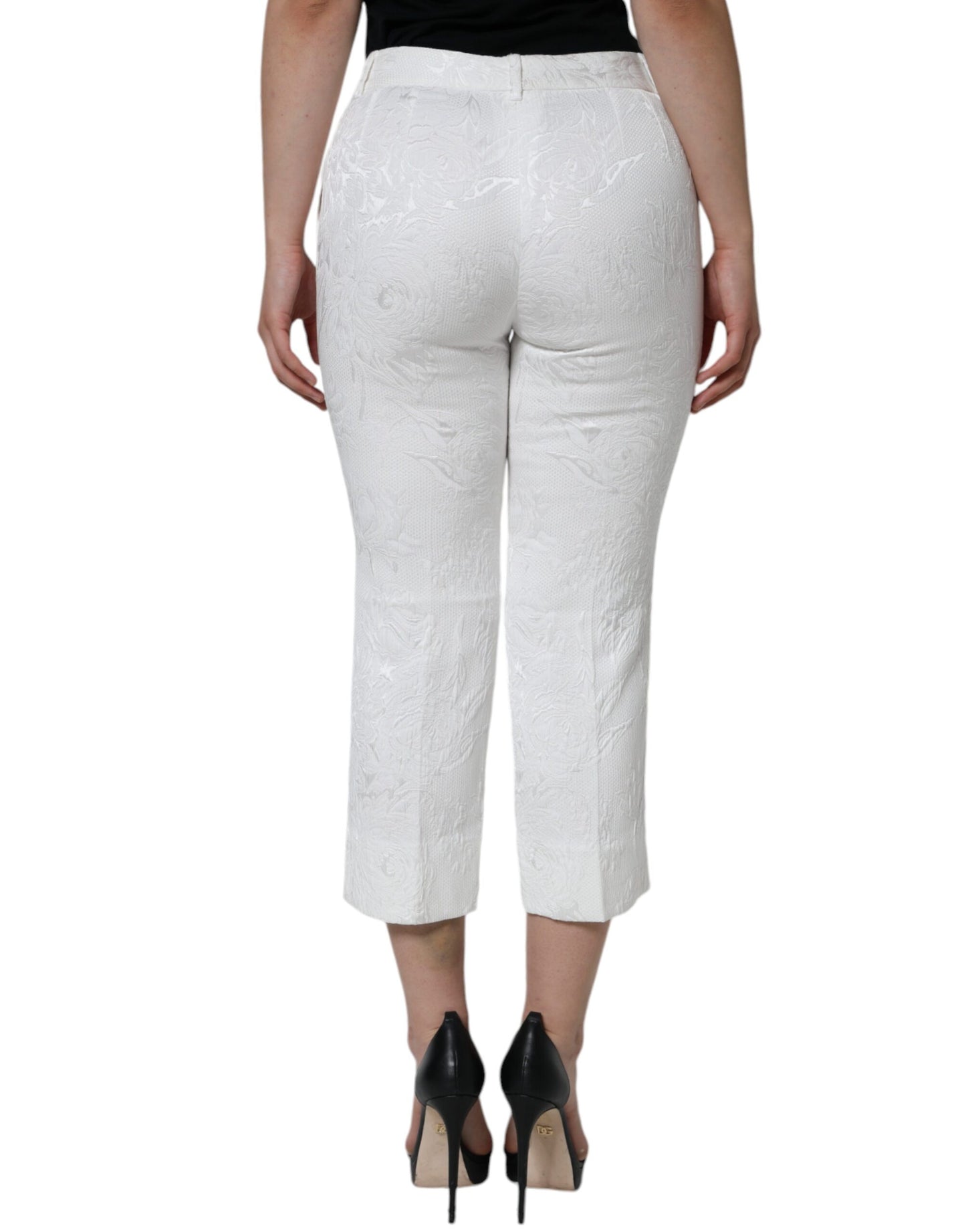 Pantaloni cropped in broccato di cotone floreale bianco Dolce &amp; Gabbana