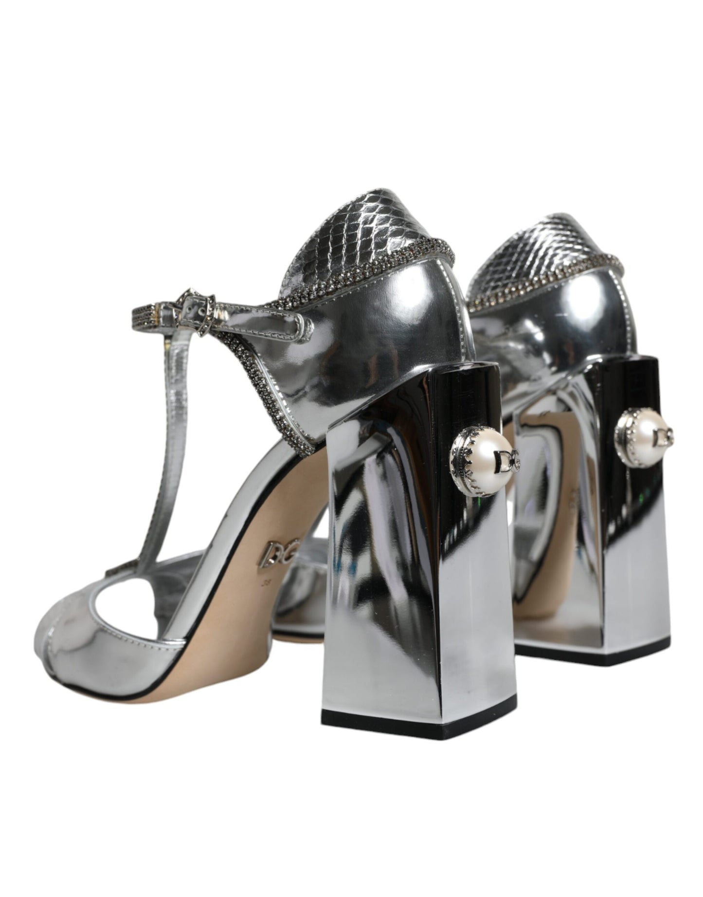 Dolce & Gabbana Silver Leather T-strap Heels Sandals Shoes