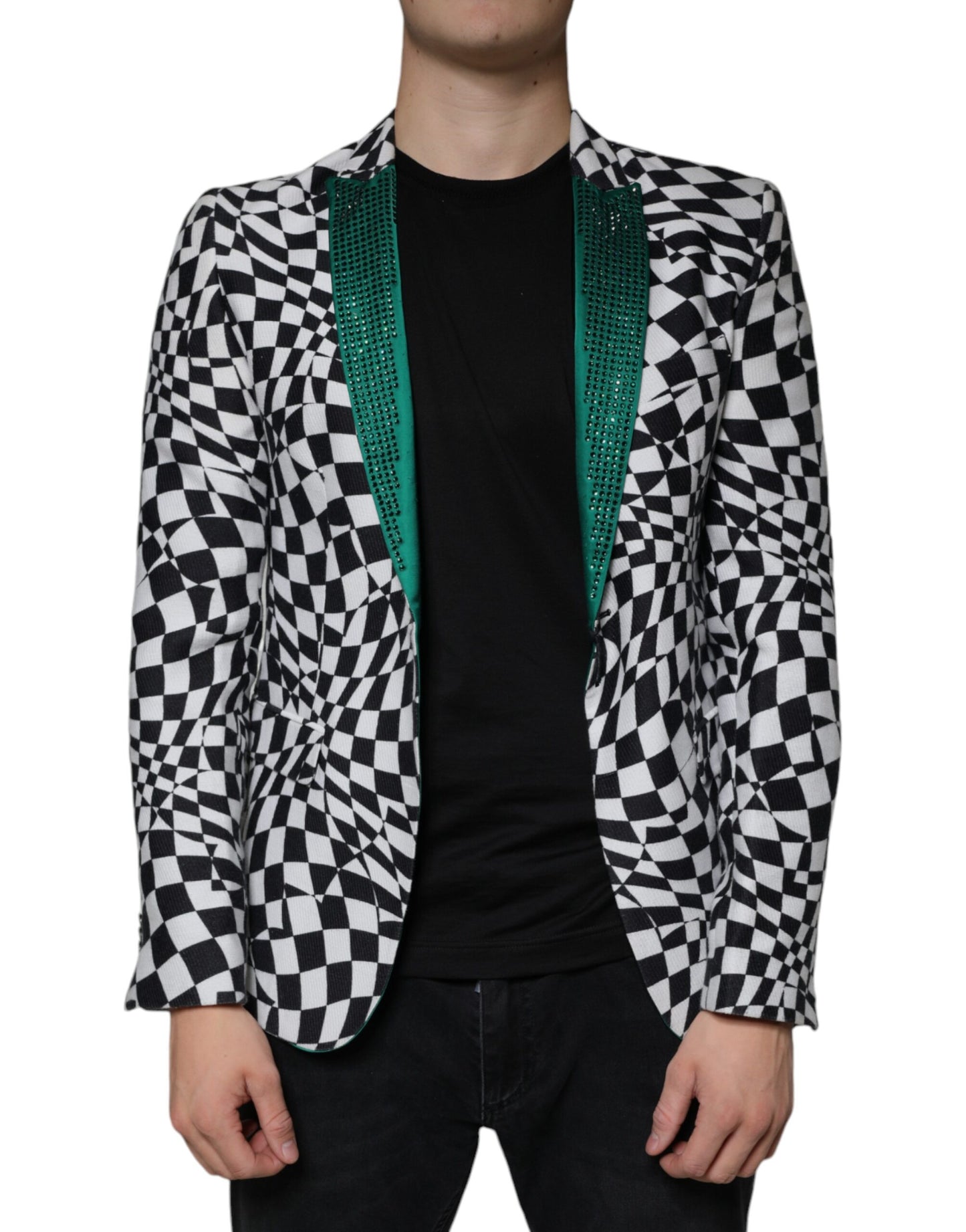 John Richmond Black White Checkered Crystal Single Breasted Blazer