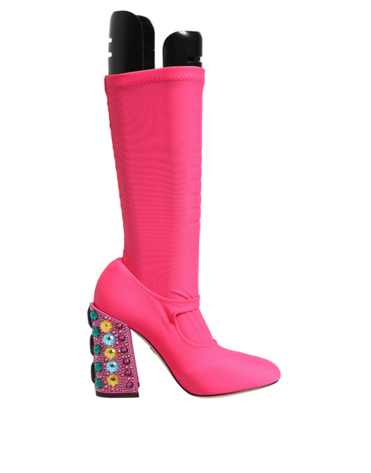 Dolce &amp; Gabbana Pink Nylon Crystal Vally High Boots Shoes