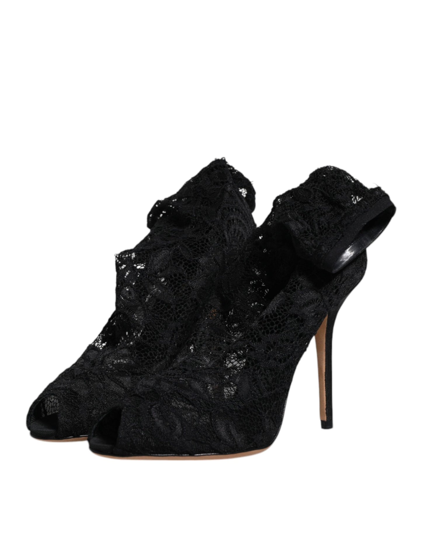 Dolce &amp; Gabbana Black Lace Stretch Heels Mid Calf Boots Shoes