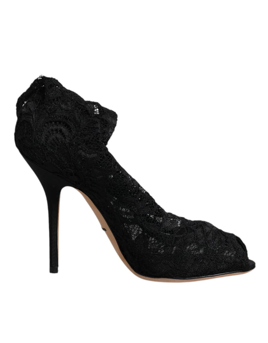 Dolce &amp; Gabbana Black Lace Stretch Heels Mid Calf Boots Shoes