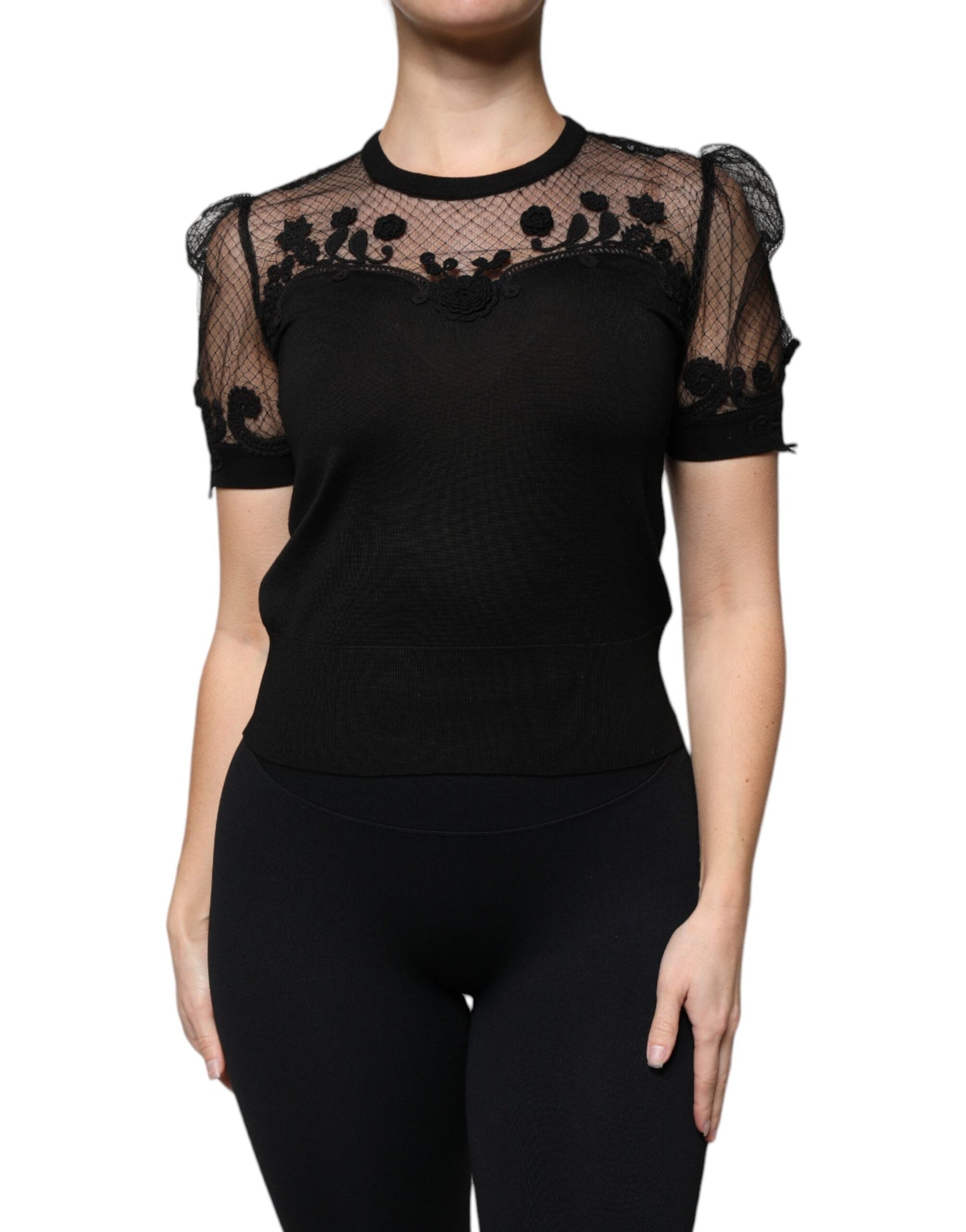 Dolce & Gabbana Black Floral Lace Short Sleeves Blouse Top