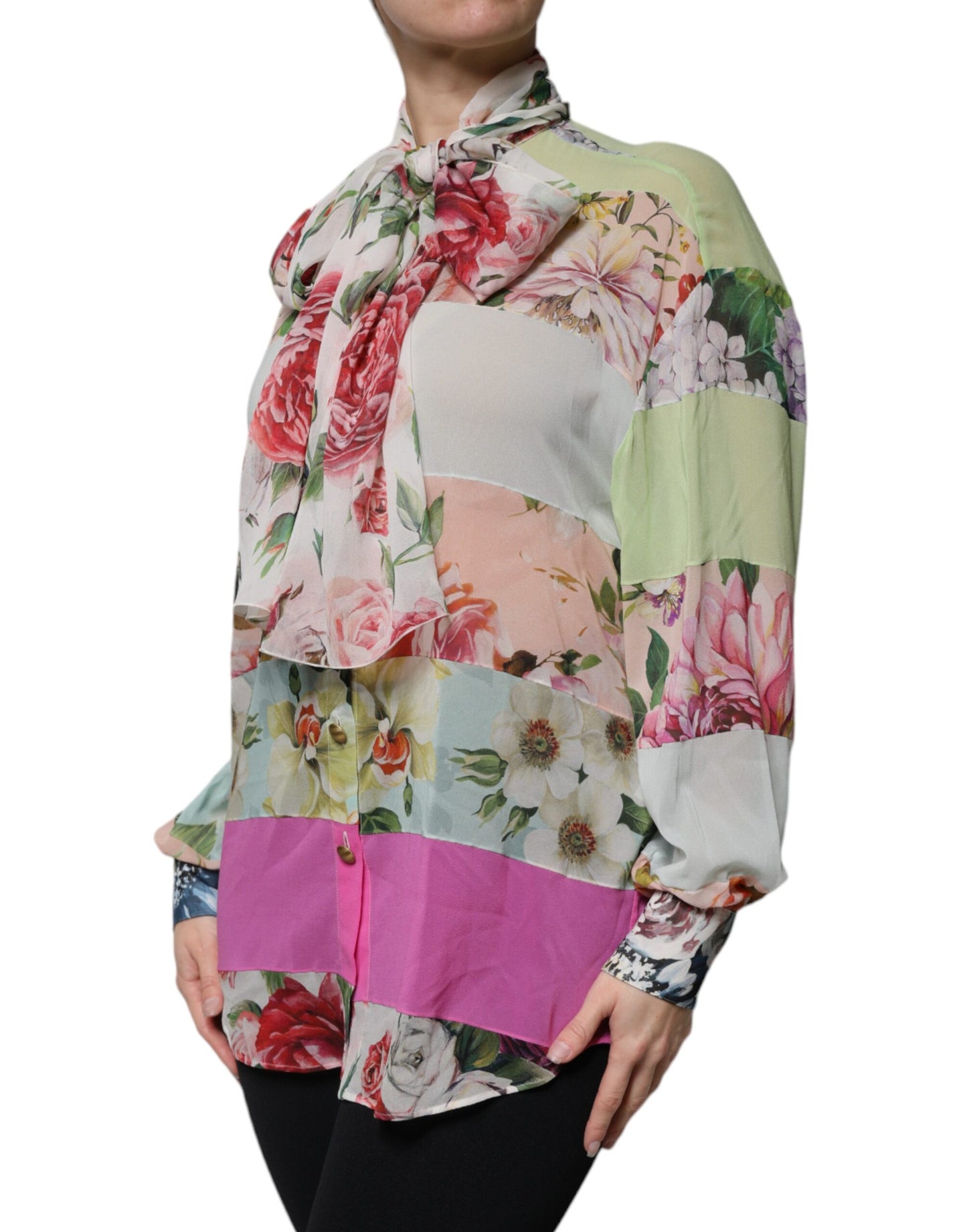 Dolce & Gabbana Multicolor Floral Patchwork Ascot Collar Top