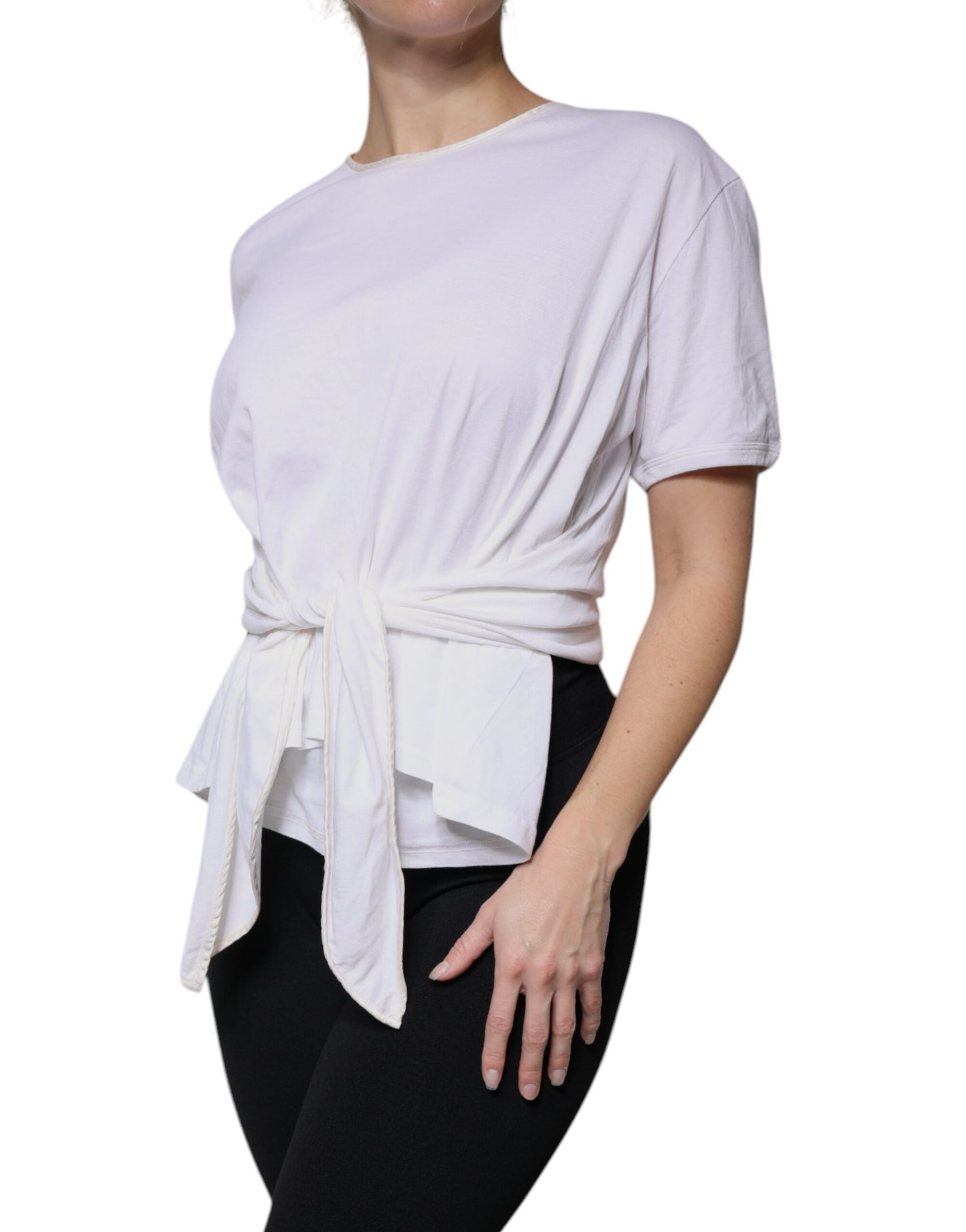 Dolce & Gabbana White Cotton Silk Round Neck Wrap Blouse Top