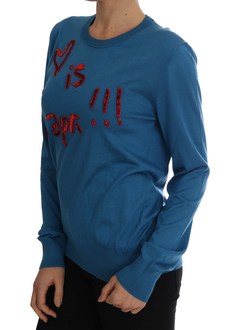 Dolce &amp; Gabbana Blue Silk Love is Pullover Sweater