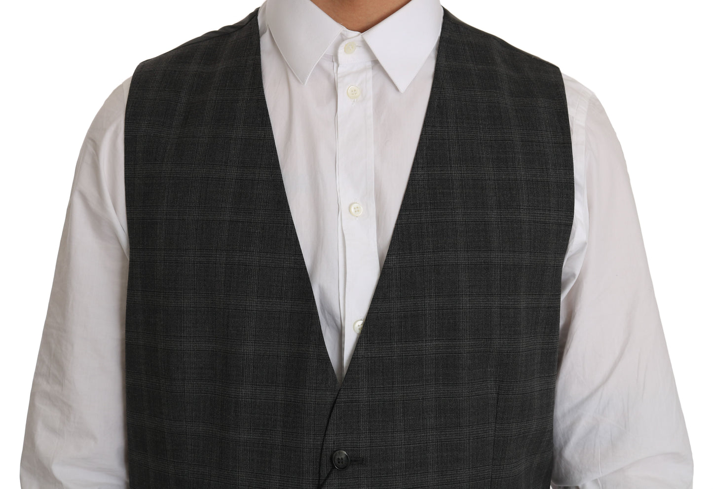 Dolce &amp; Gabbana Gray Wool STAFF Checkered Stretch Vest