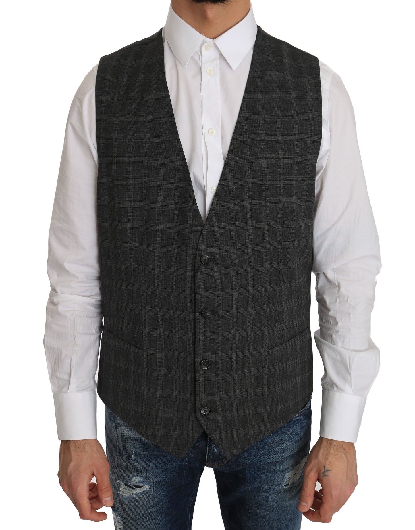 Dolce &amp; Gabbana Gray Wool STAFF Checkered Stretch Vest