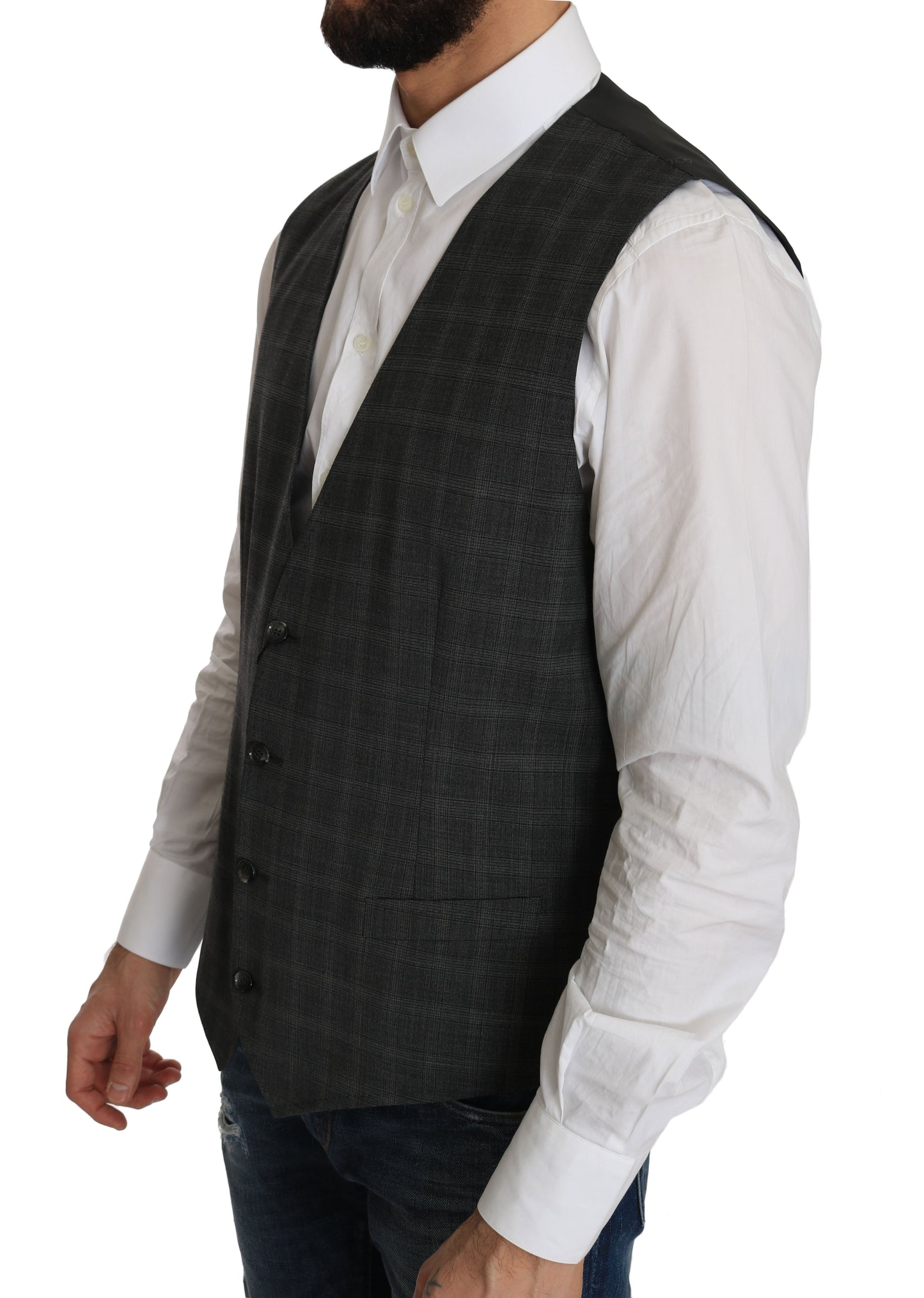 Dolce &amp; Gabbana Gray Wool STAFF Checkered Stretch Vest