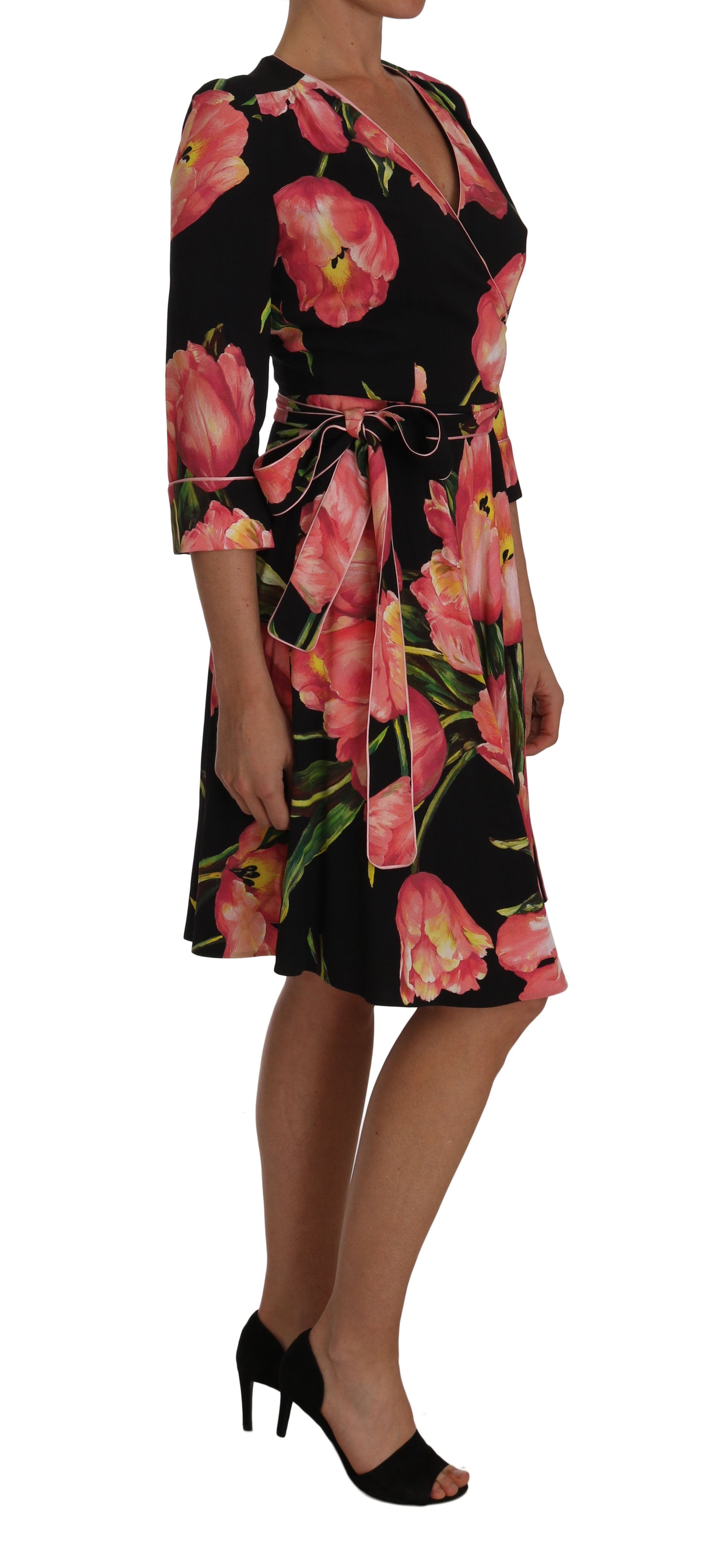 Dolce &amp; Gabbana Elegantes schwarzes Etuikleid mit rosa Tulpen-Print