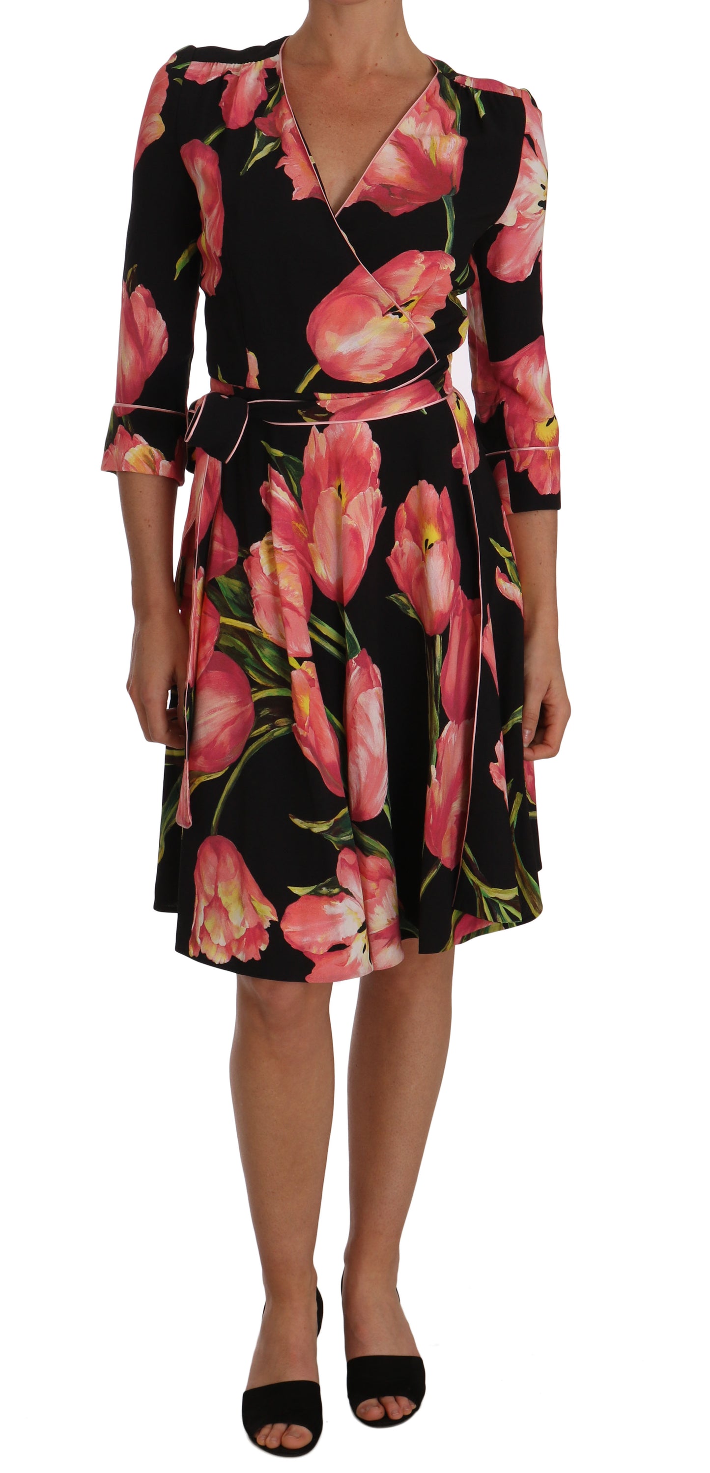 Dolce &amp; Gabbana Elegantes schwarzes Etuikleid mit rosa Tulpen-Print