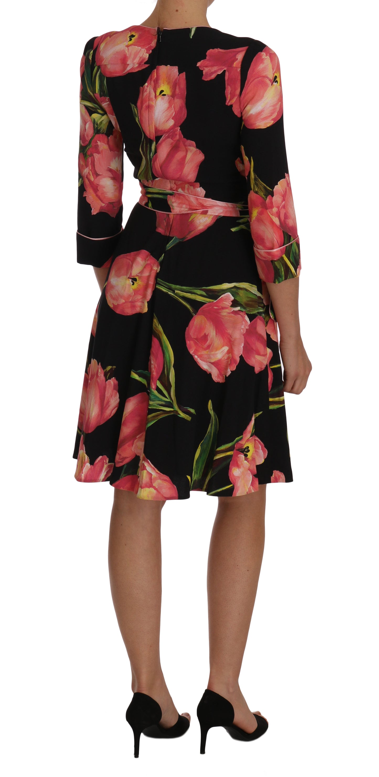 Dolce &amp; Gabbana Elegantes schwarzes Etuikleid mit rosa Tulpen-Print