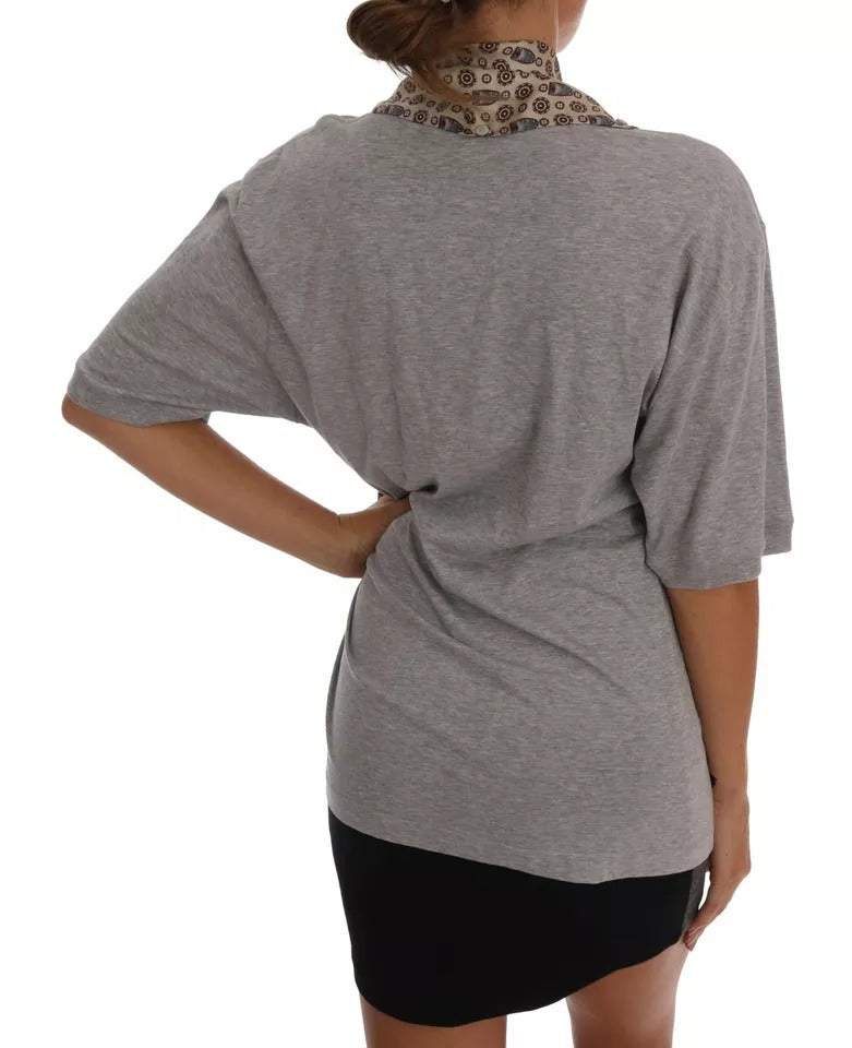 Dolce &amp; Gabbana Graues T-Shirt mit Eulen-Seidenschal aus Baumwolle