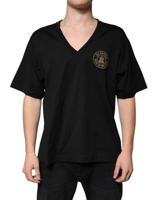 Dolce &amp; Gabbana – Schwarzes, kurzärmliges T-Shirt mit V-Ausschnitt und Logo aus Baumwolle