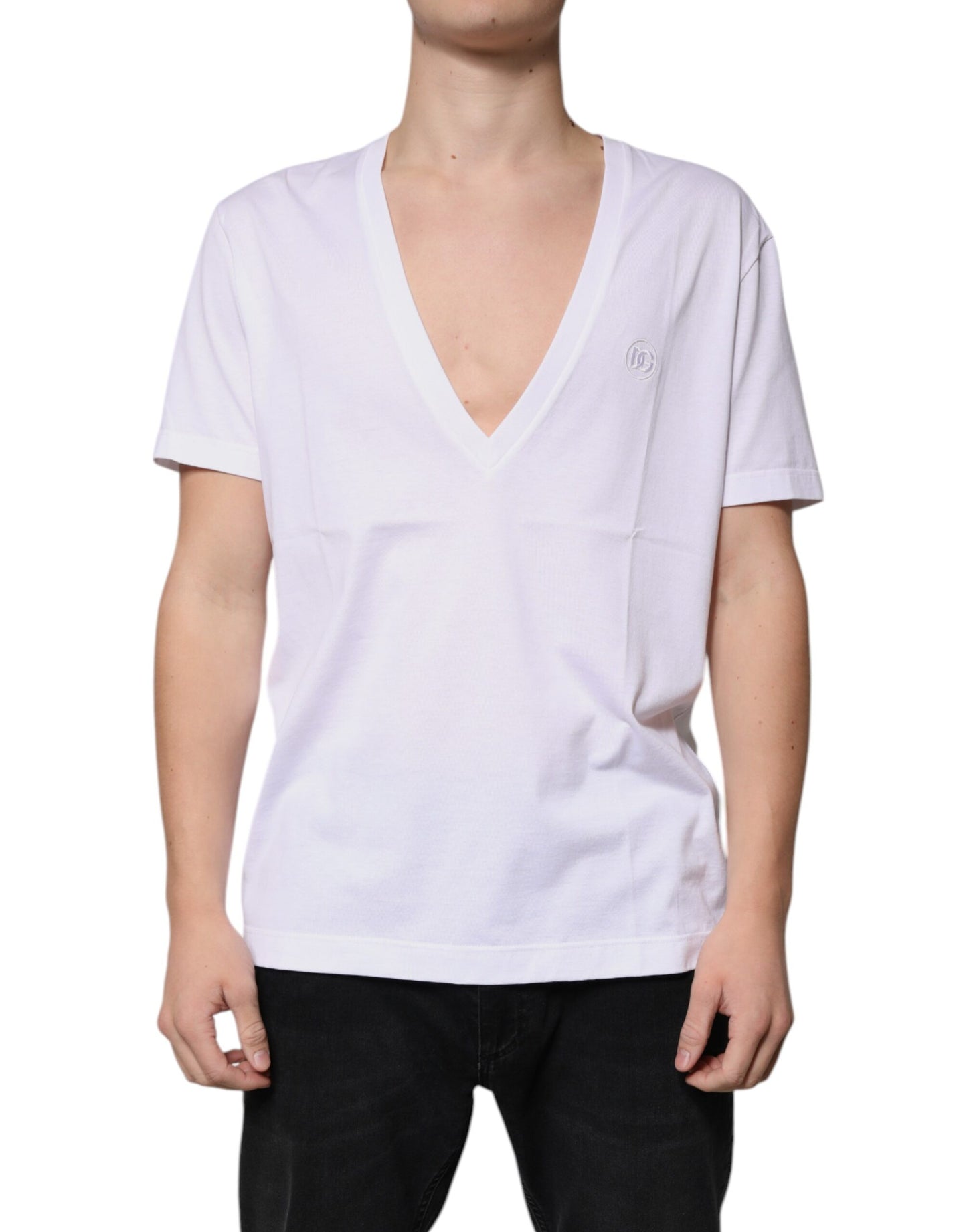 Dolce &amp; Gabbana White Cotton V-neck Short Sleeves T-shirt