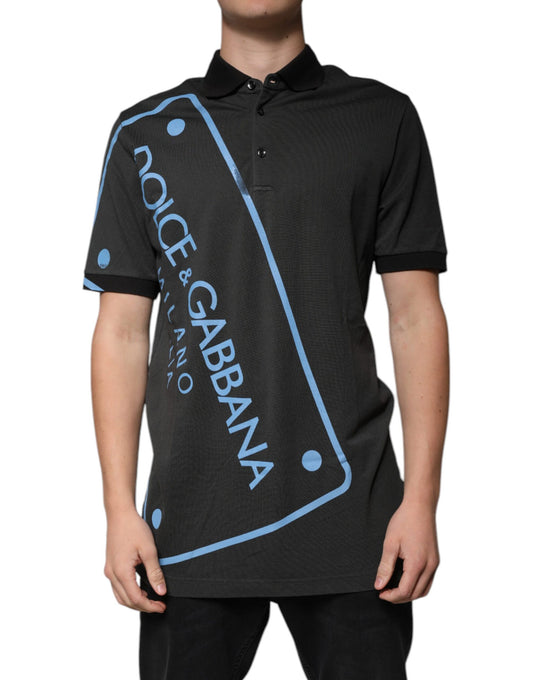Dolce &amp; Gabbana Black Logo Print Collared Cotton Polo T-shirt