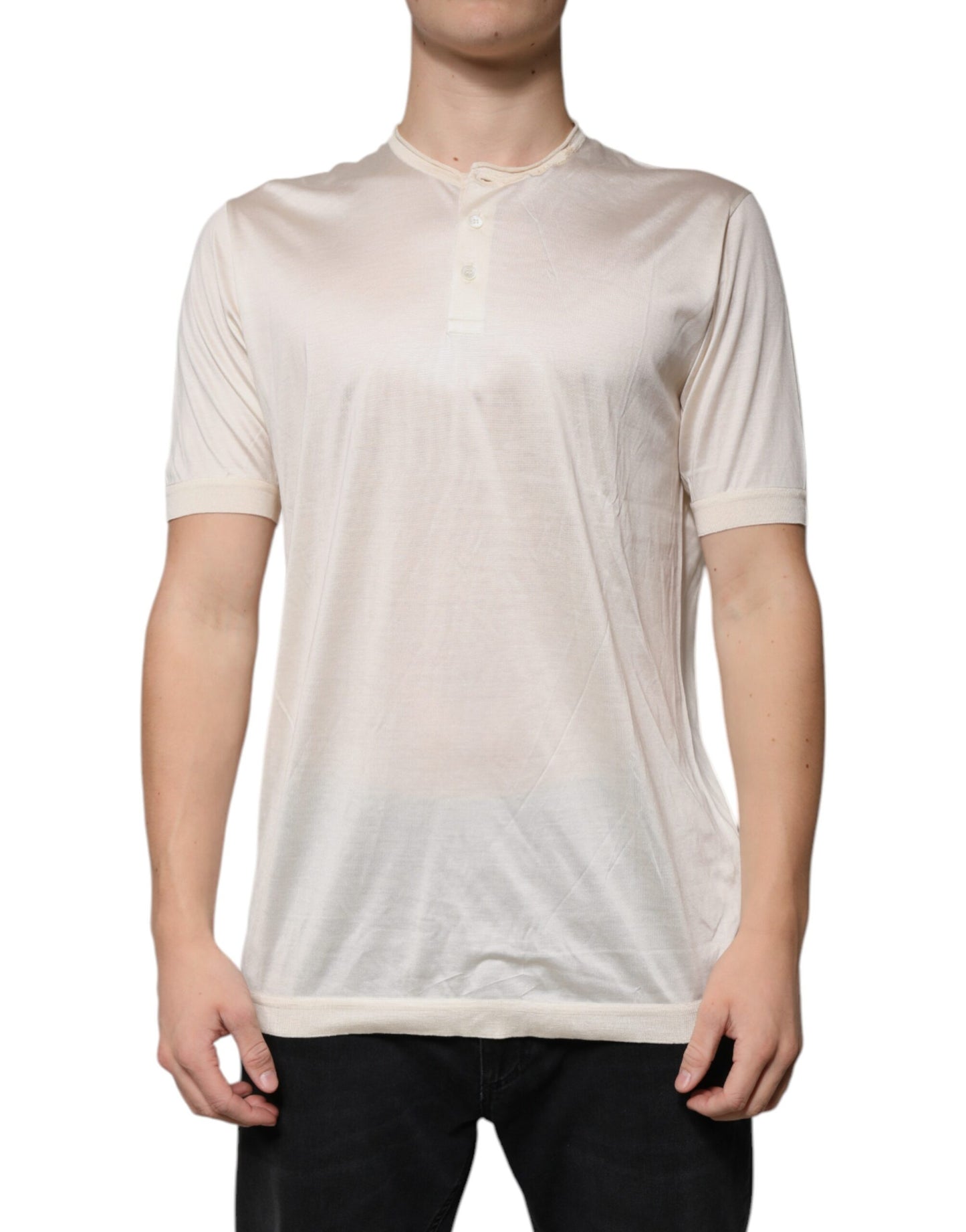 Dolce &amp; Gabbana – Henley-T-Shirt aus Seide mit Rundhalsausschnitt in Off-White