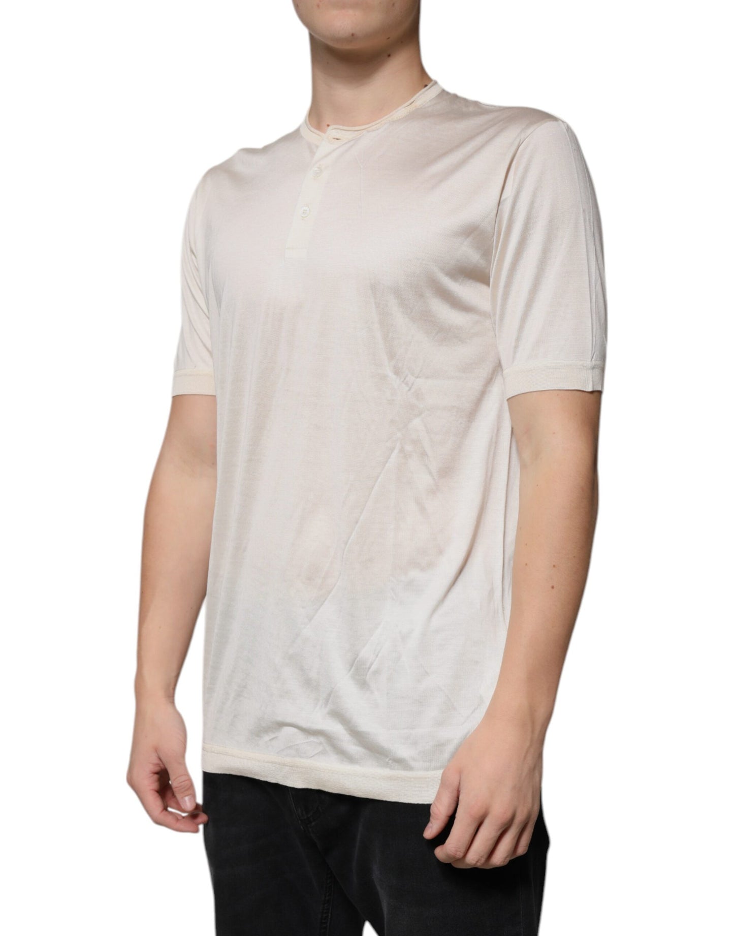 Dolce &amp; Gabbana – Henley-T-Shirt aus Seide mit Rundhalsausschnitt in Off-White