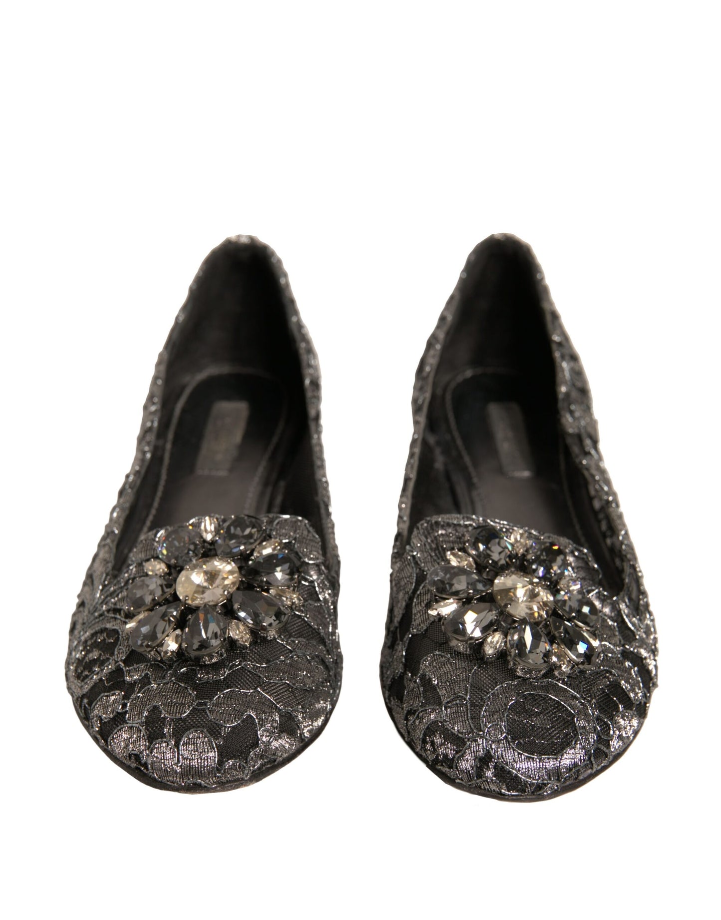 Dolce &amp; Gabbana – Silberne Ballerinas mit Kristallen und Spitze