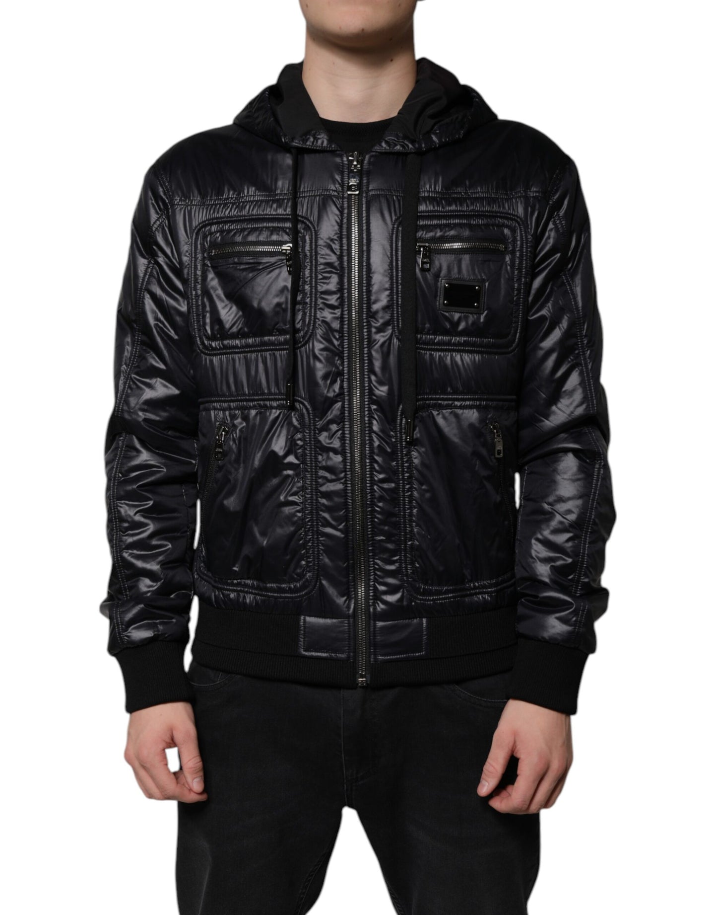Giacca Dolce &amp; Gabbana in nylon nero con cappuccio e cerniera intera