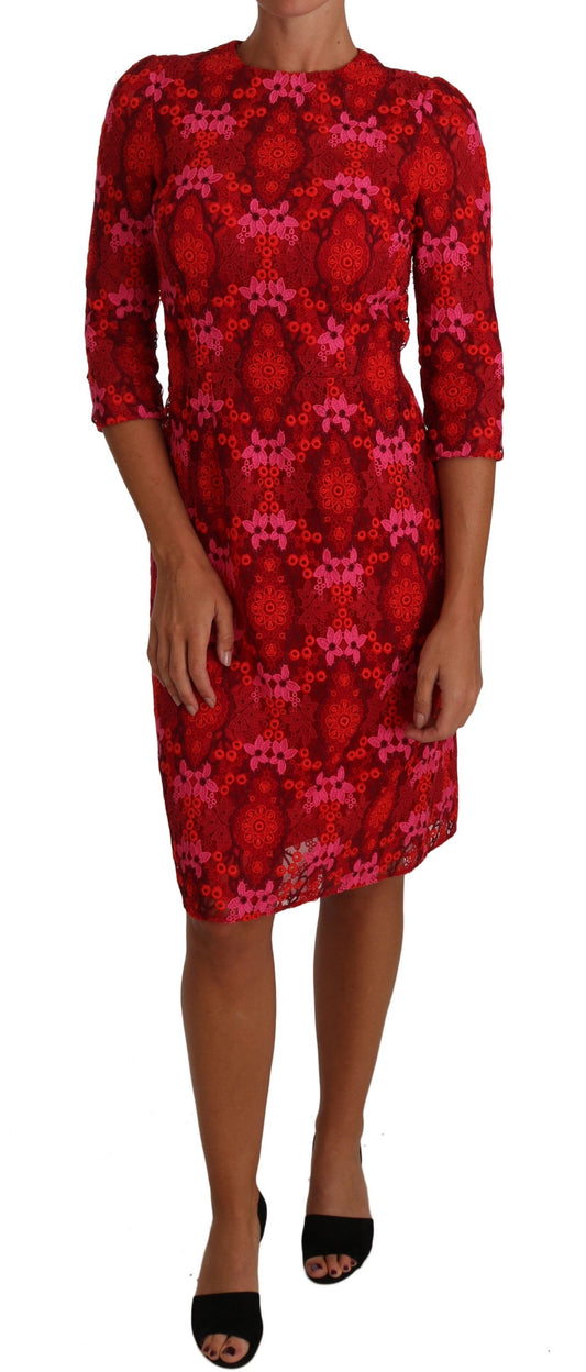 Dolce &amp; Gabbana Floral Crochet Lace Red Pink Sheath Dress