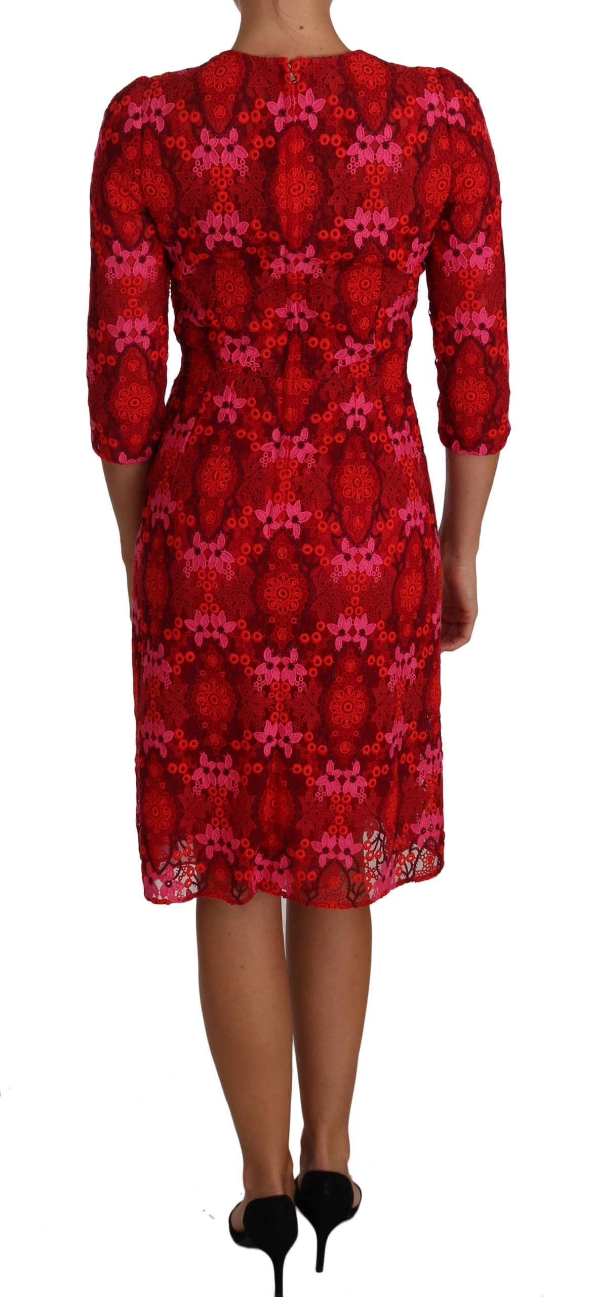 Dolce &amp; Gabbana Floral Crochet Lace Red Pink Sheath Dress