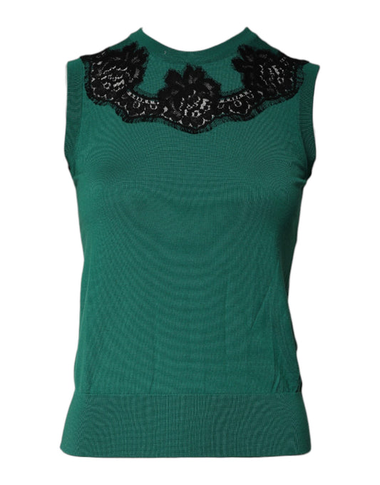 Dolce &amp; Gabbana, grünes ärmelloses Tanktop aus Wolle mit Spitzendetail