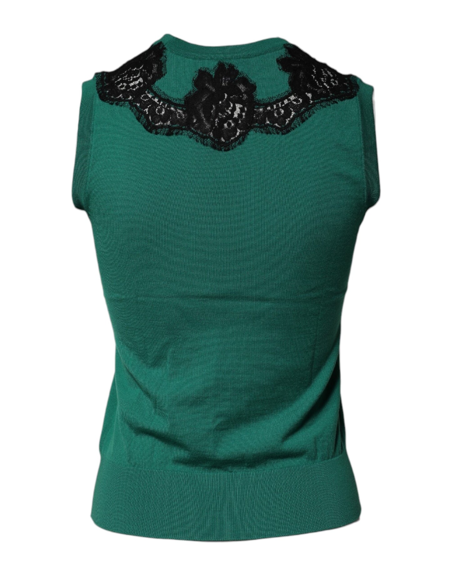 Dolce &amp; Gabbana, grünes ärmelloses Tanktop aus Wolle mit Spitzendetail