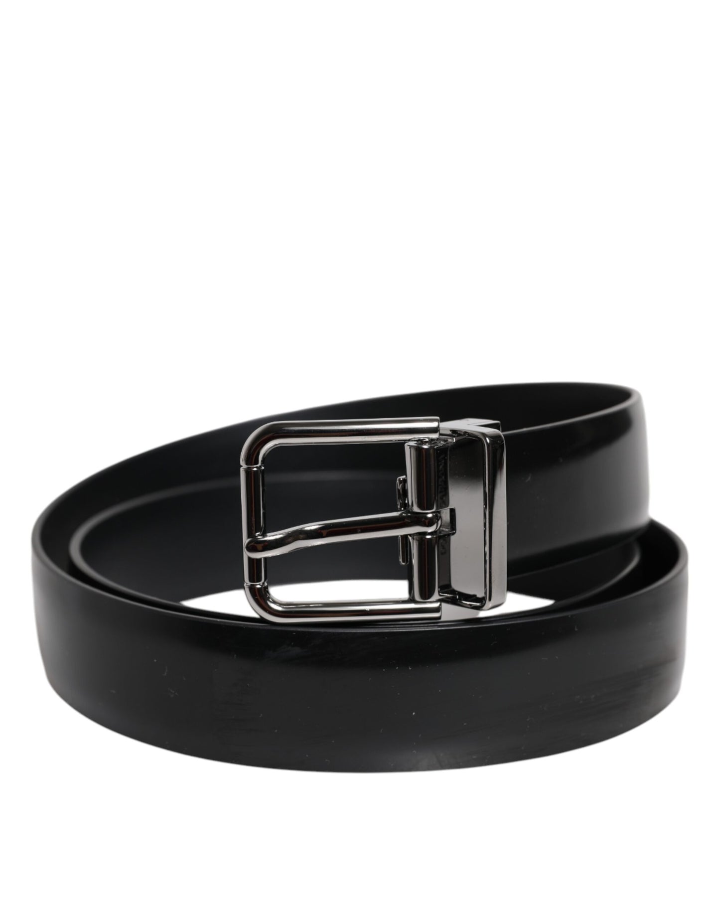 Dolce &amp; Gabbana – Schwarzer, glänzender Ledergürtel mit silberner Metallschnalle