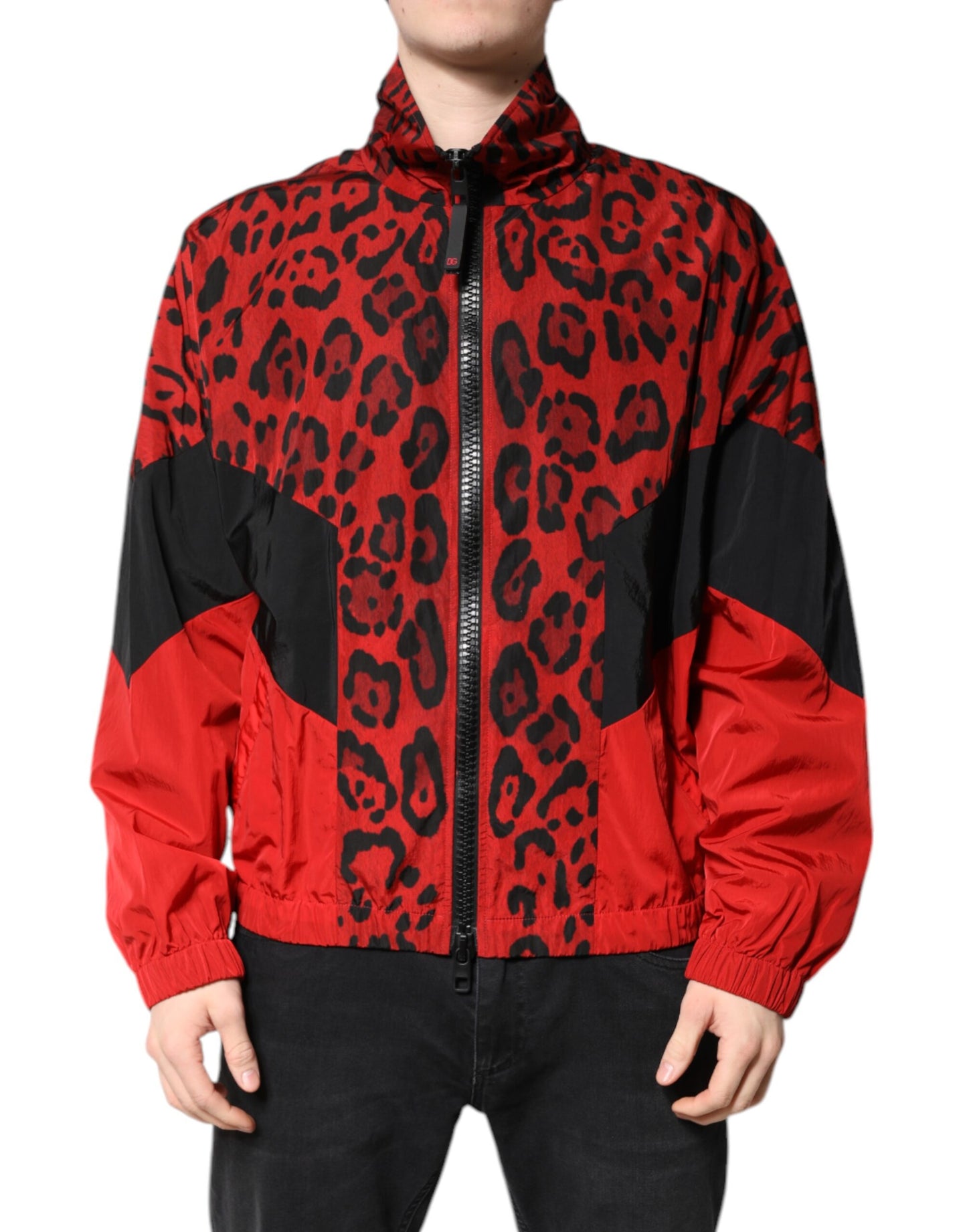 Dolce &amp; Gabbana – Bomberjacke aus Nylon mit durchgehendem Reißverschluss und rotem Leopardenmuster