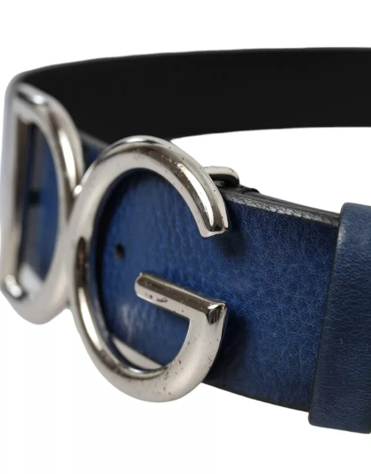Dolce & Gabbana Blue Calf Leather Silver DG Logo Buckle Belt