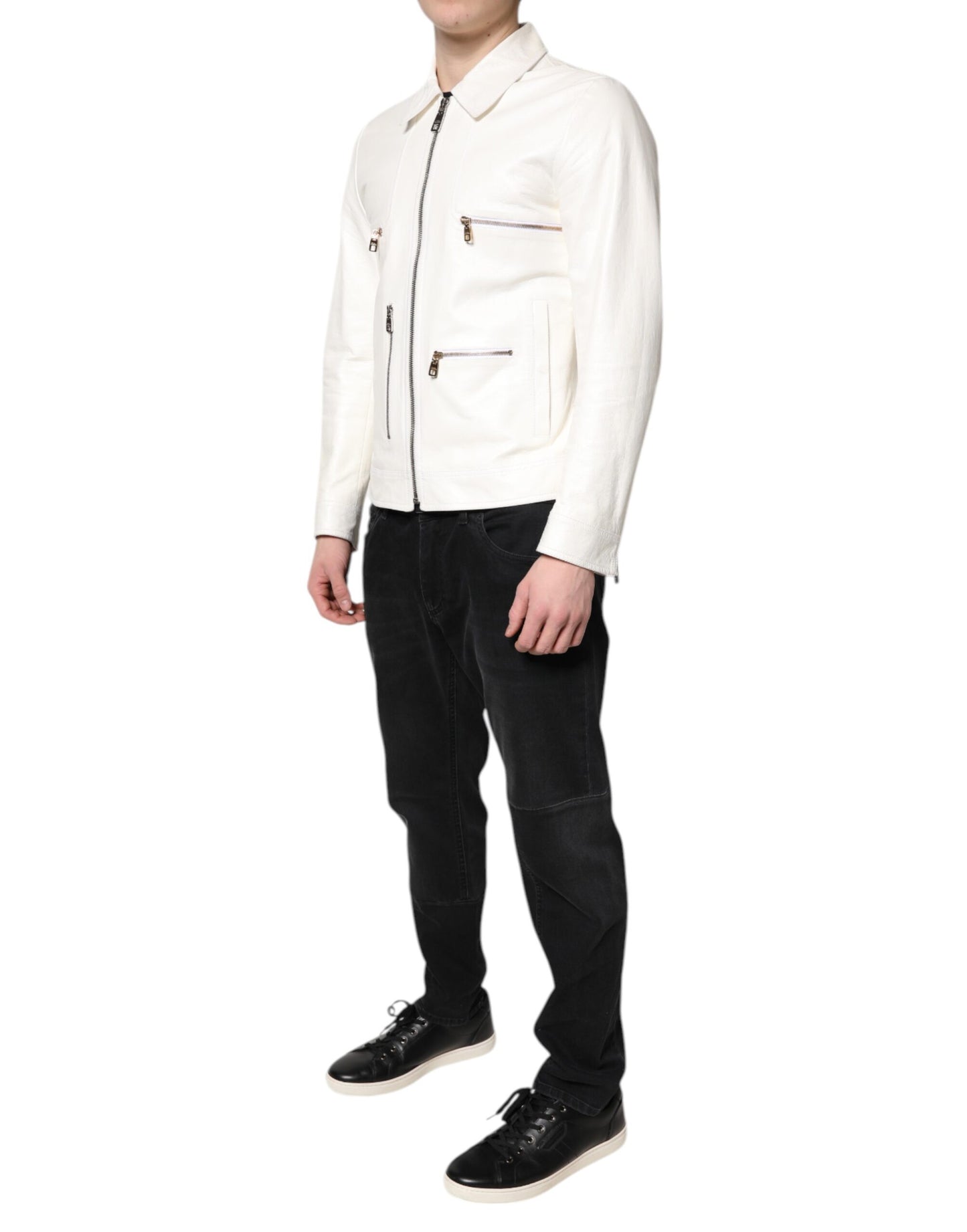 Dolce &amp; Gabbana – Weiße Bikerjacke mit durchgehendem Reißverschluss und Kragen