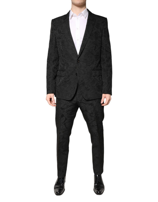 Dolce &amp; Gabbana – Schwarzer, zweiteiliger Anzug aus Polyester-Jacquard mit Blumenmuster