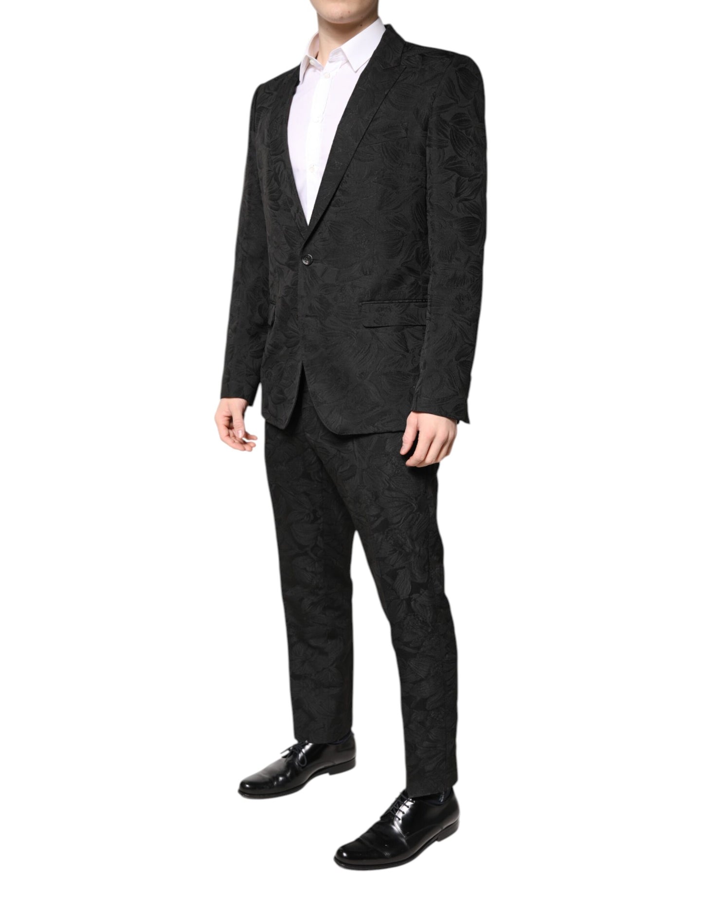 Dolce &amp; Gabbana – Schwarzer, zweiteiliger Anzug aus Polyester-Jacquard mit Blumenmuster