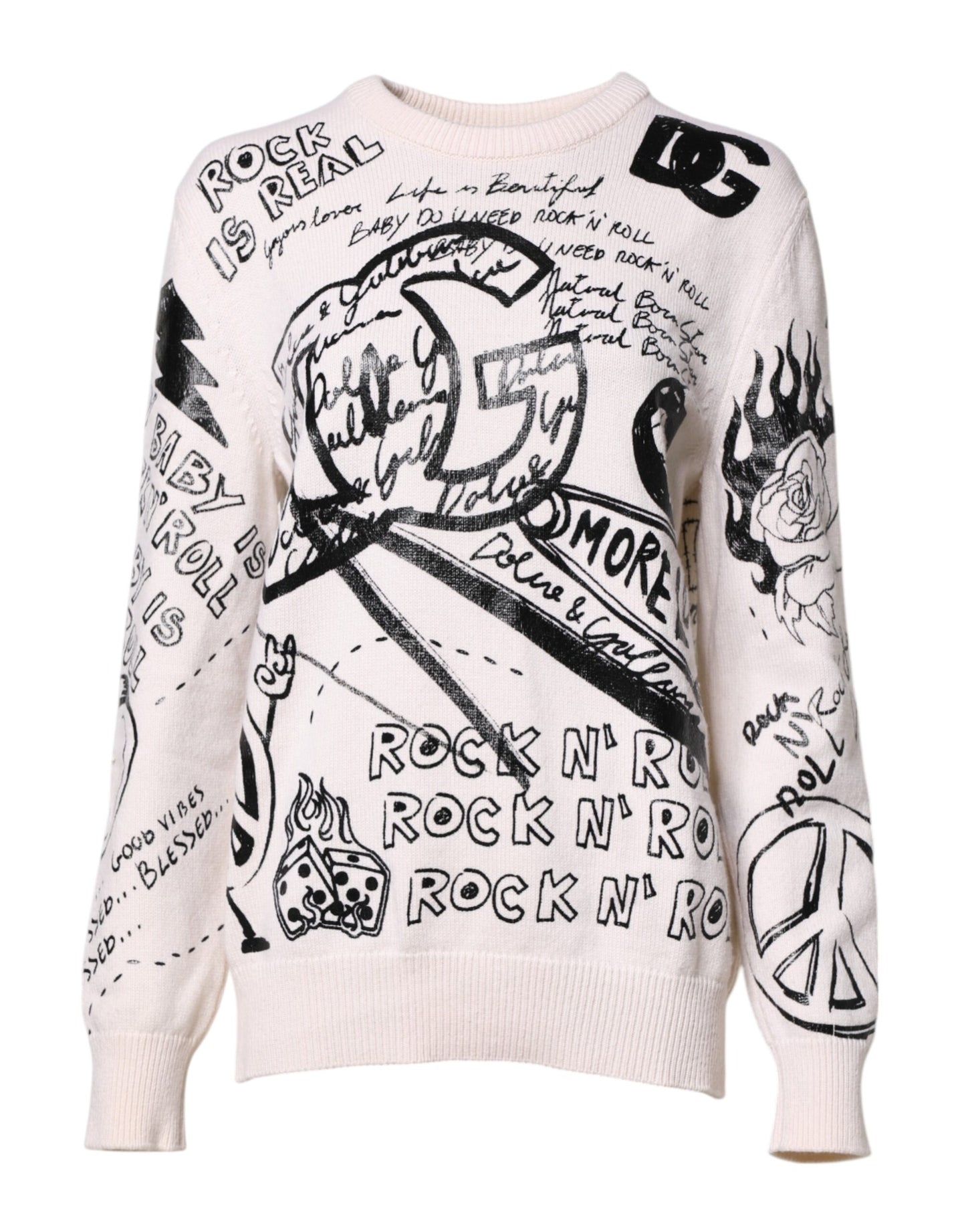 Dolce &amp; Gabbana Weiß Schwarz Logo Print Damen Pullover