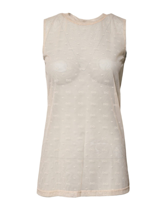 Dolce &amp; Gabbana – Durchsichtiges, ärmelloses Tanktop aus Nylon mit Logo in Elfenbein