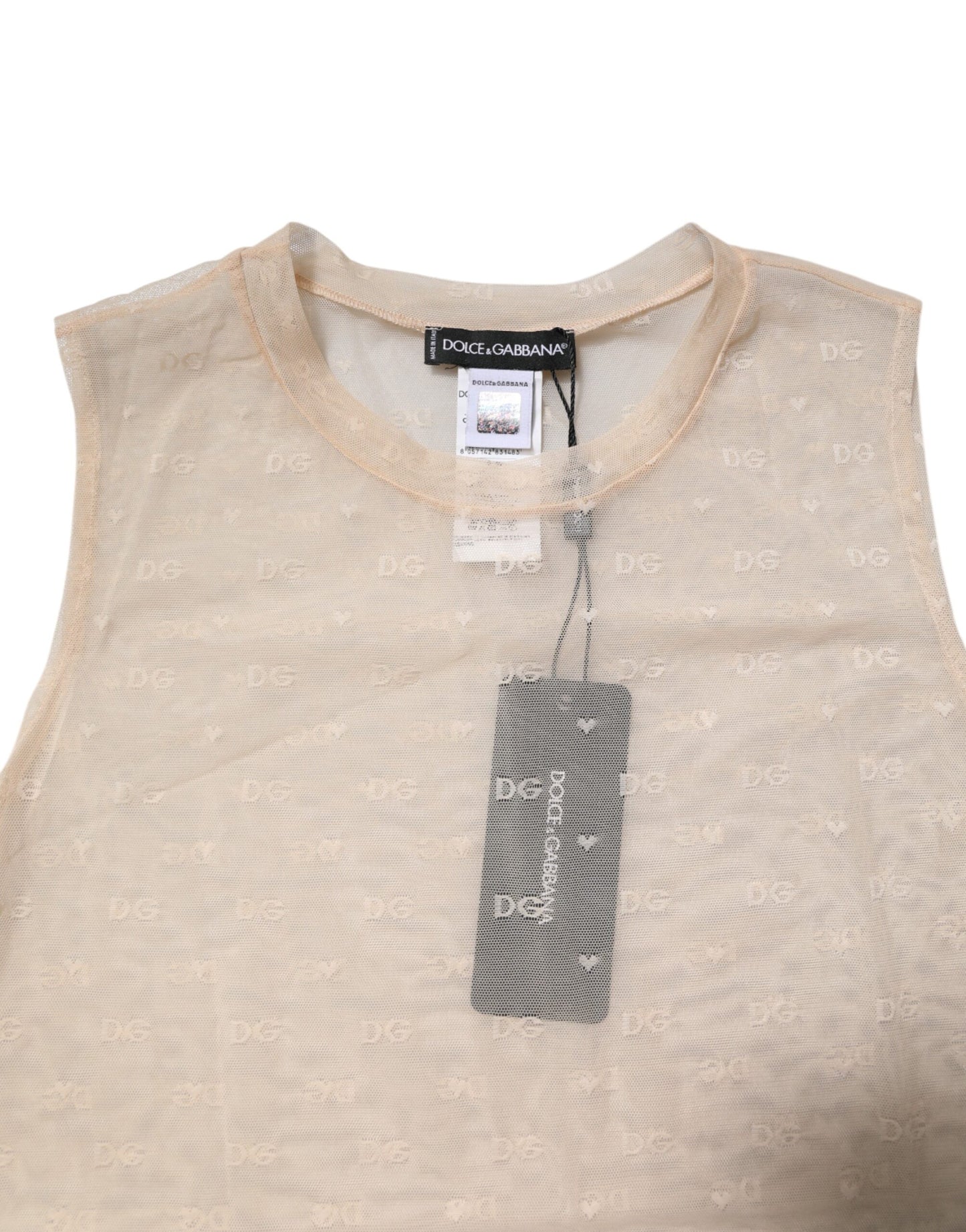 Dolce &amp; Gabbana – Durchsichtiges, ärmelloses Tanktop aus Nylon mit Logo in Elfenbein
