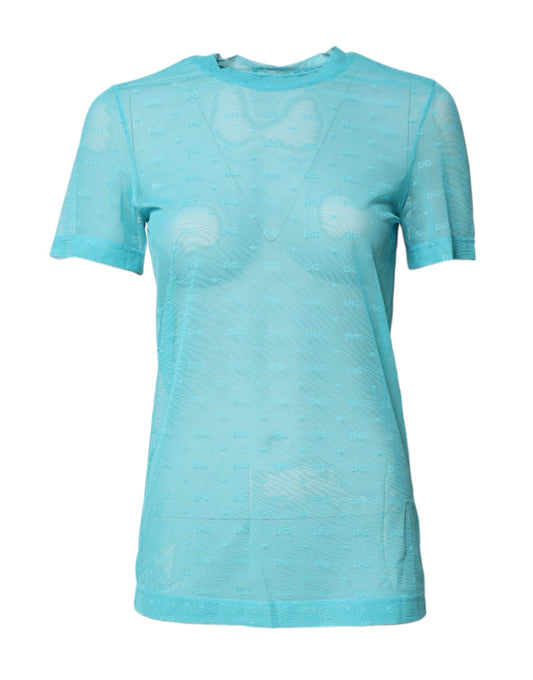 Dolce &amp; Gabbana – Durchsichtiges Top aus blauem Nylon für Damen mit kurzen Ärmeln