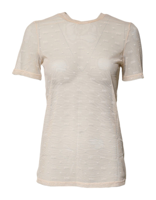Dolce &amp; Gabbana – Durchsichtiges Top aus elfenbeinfarbenem Nylon für Damen mit kurzen Ärmeln