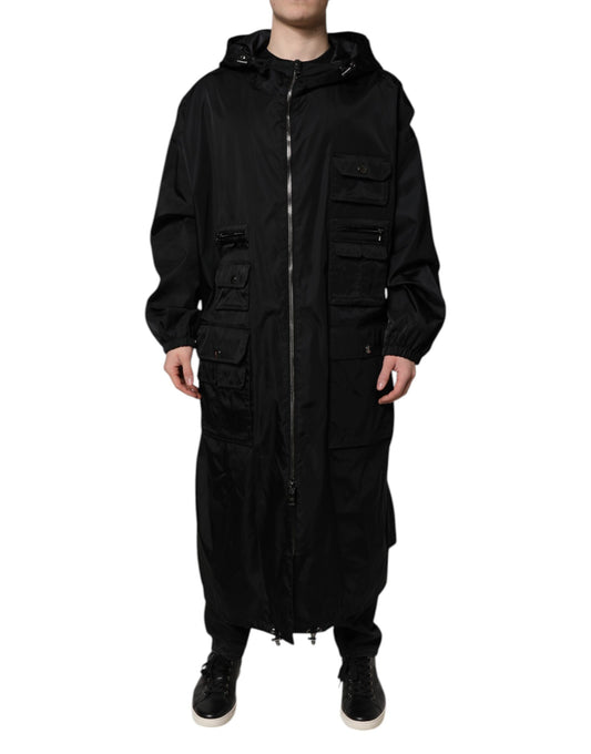 Dolce &amp; Gabbana – Lange Windjacke für Herren in Schwarz mit Kapuze