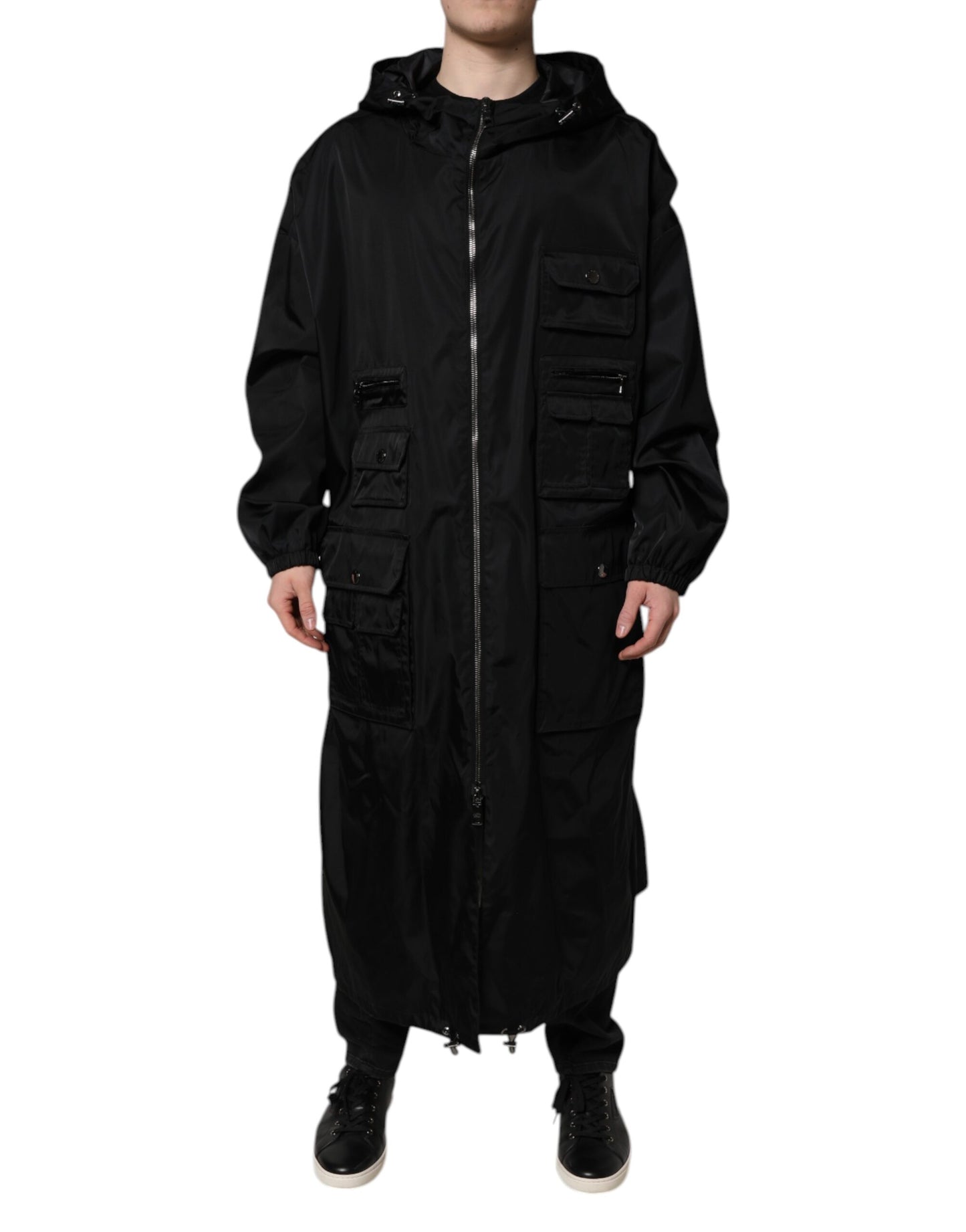 Dolce &amp; Gabbana – Lange Windjacke für Herren in Schwarz mit Kapuze