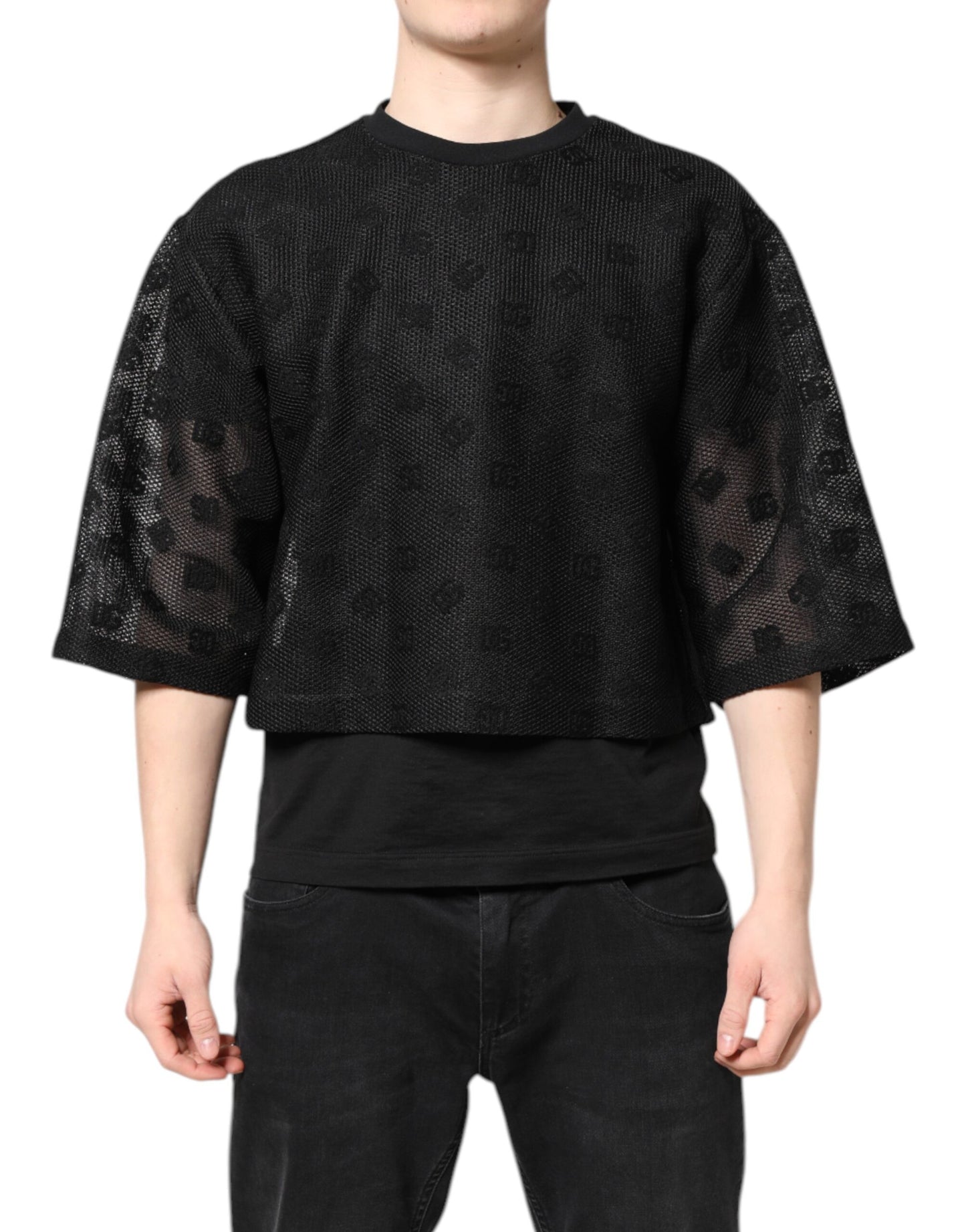 Dolce &amp; Gabbana – Schwarzes, durchsichtiges T-Shirt mit kurzen Ärmeln und Logo