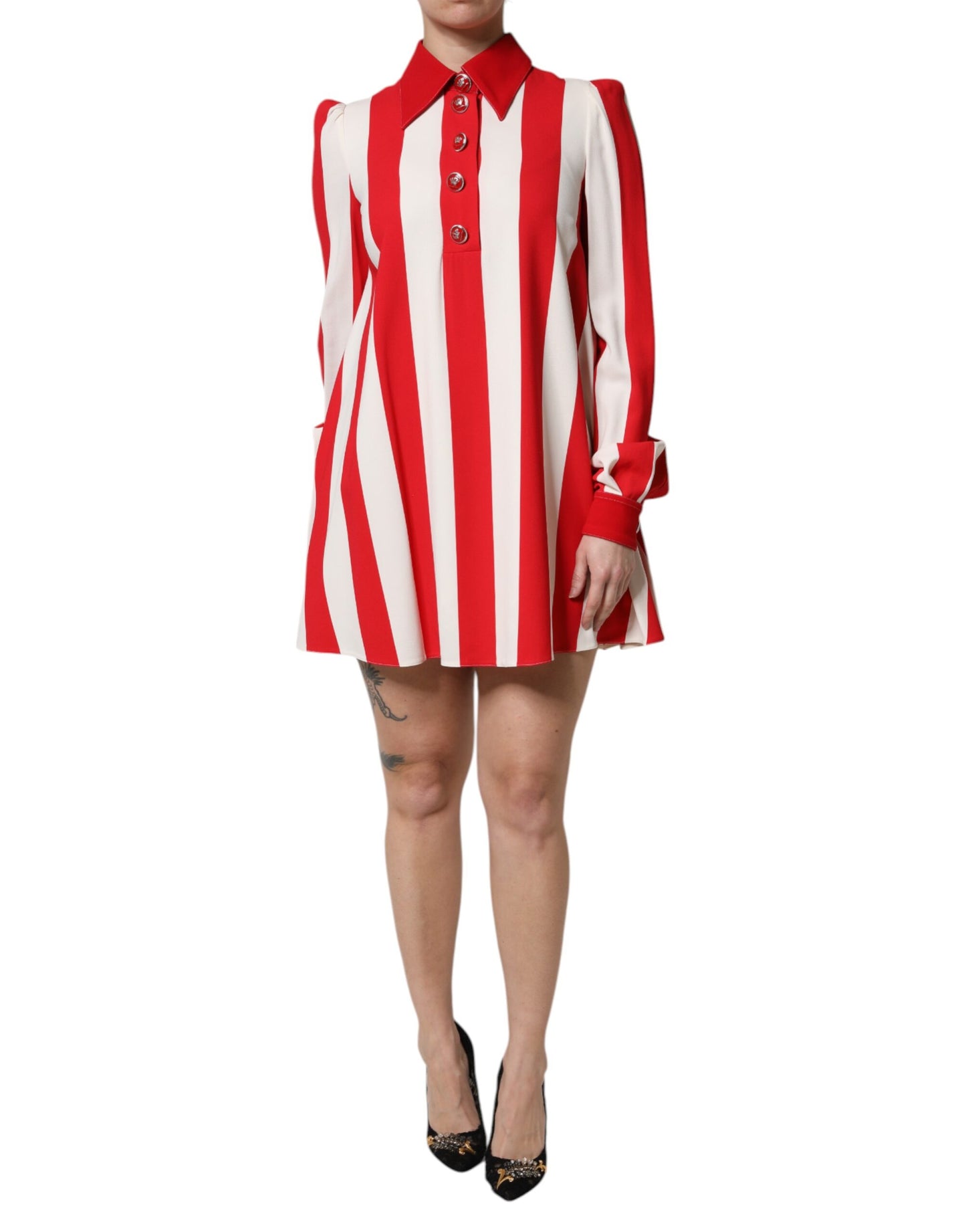 Dolce &amp; Gabbana – Weiß-rot gestreiftes Minikleid mit langen Ärmeln
