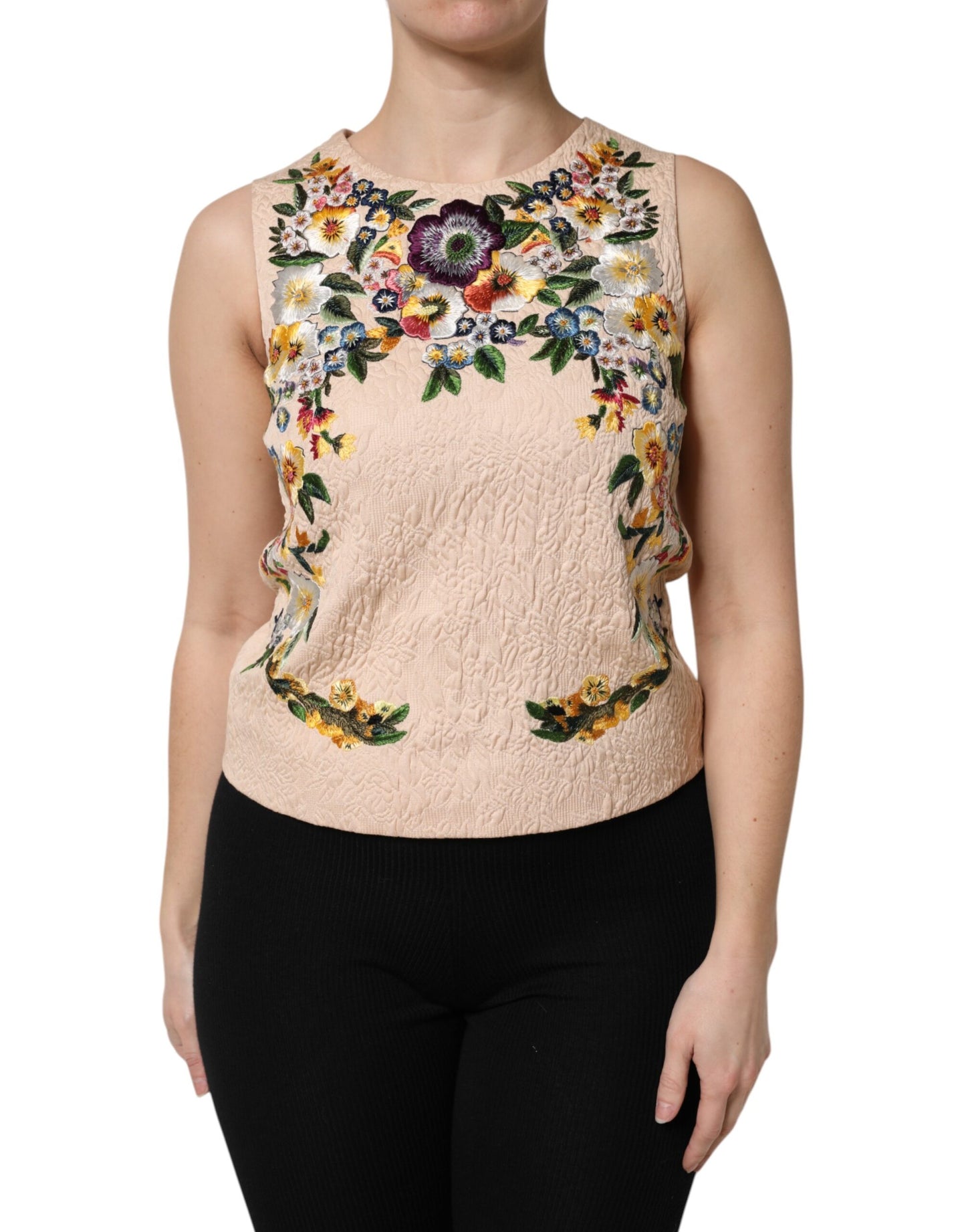 Canotta senza maniche con ricami floreali beige Dolce &amp; Gabbana