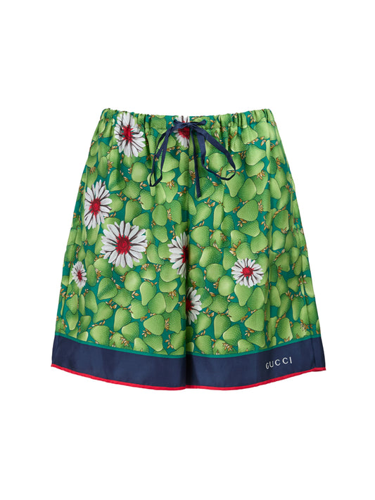 Grüne Seidenshorts mit Blumendruck von Gucci